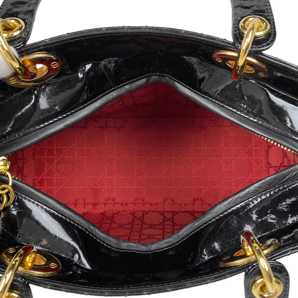 Christian Dior Lady Dior Canage enamel Hand Bag Patent leather Black