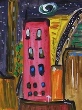 ORIGINAL City  Landscape Naive Folk Outsider  MCW Mary Carol Primitive art
