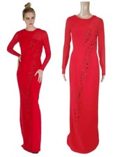 New Versace Red Silk Embellished Gown With Long Sleeves 38 - 2