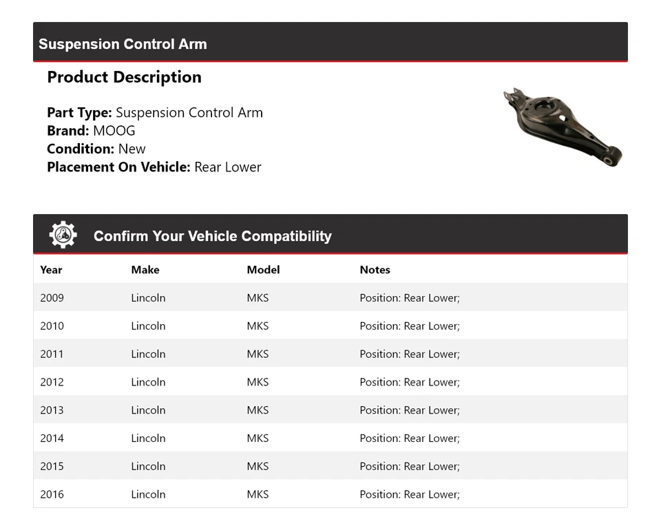 Brazo de control de suspensión inferior trasero MOOG 2009 2010 2011 Lincoln MKS 2009-2016 Foto 2 de 4