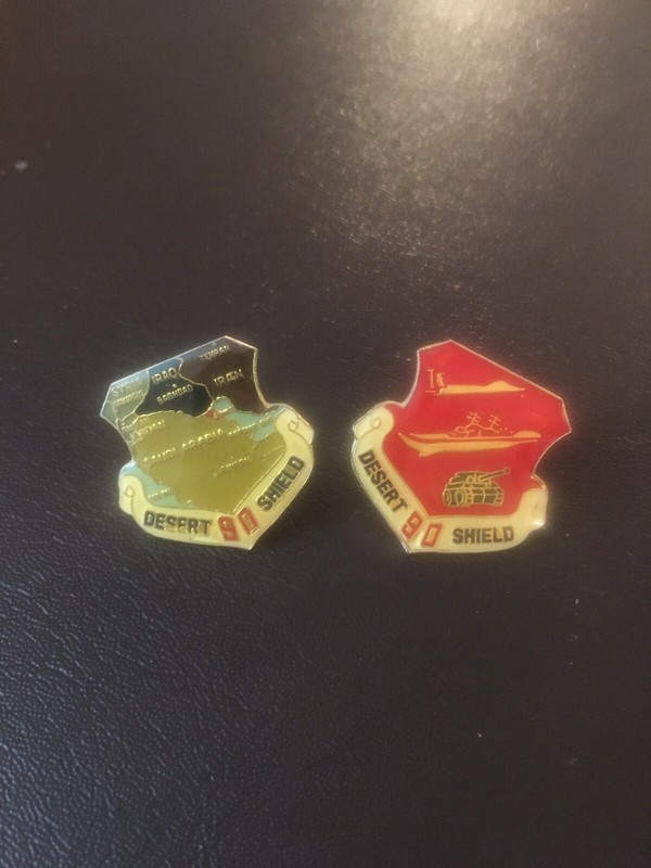 Lot of 2 - Desert Shield 1990 Pin (Beige) & Desert Shield 1990 Pin (Red)