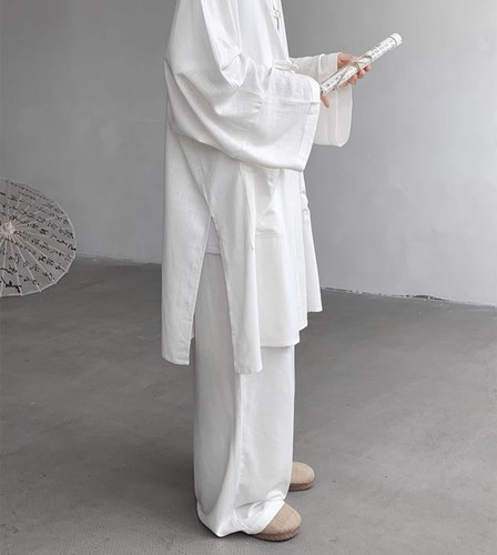 Hombres Abrigo Largo de Verano Hanfu Vestido Taoísta Bata Lino Ropa Traje Suelto Prendas para el torso + Pantalones - Imagen 8 de 18