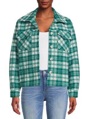 Time and Tru Womens Brushed Fleece Cropped Shacket Size Medium 8/10 Green 