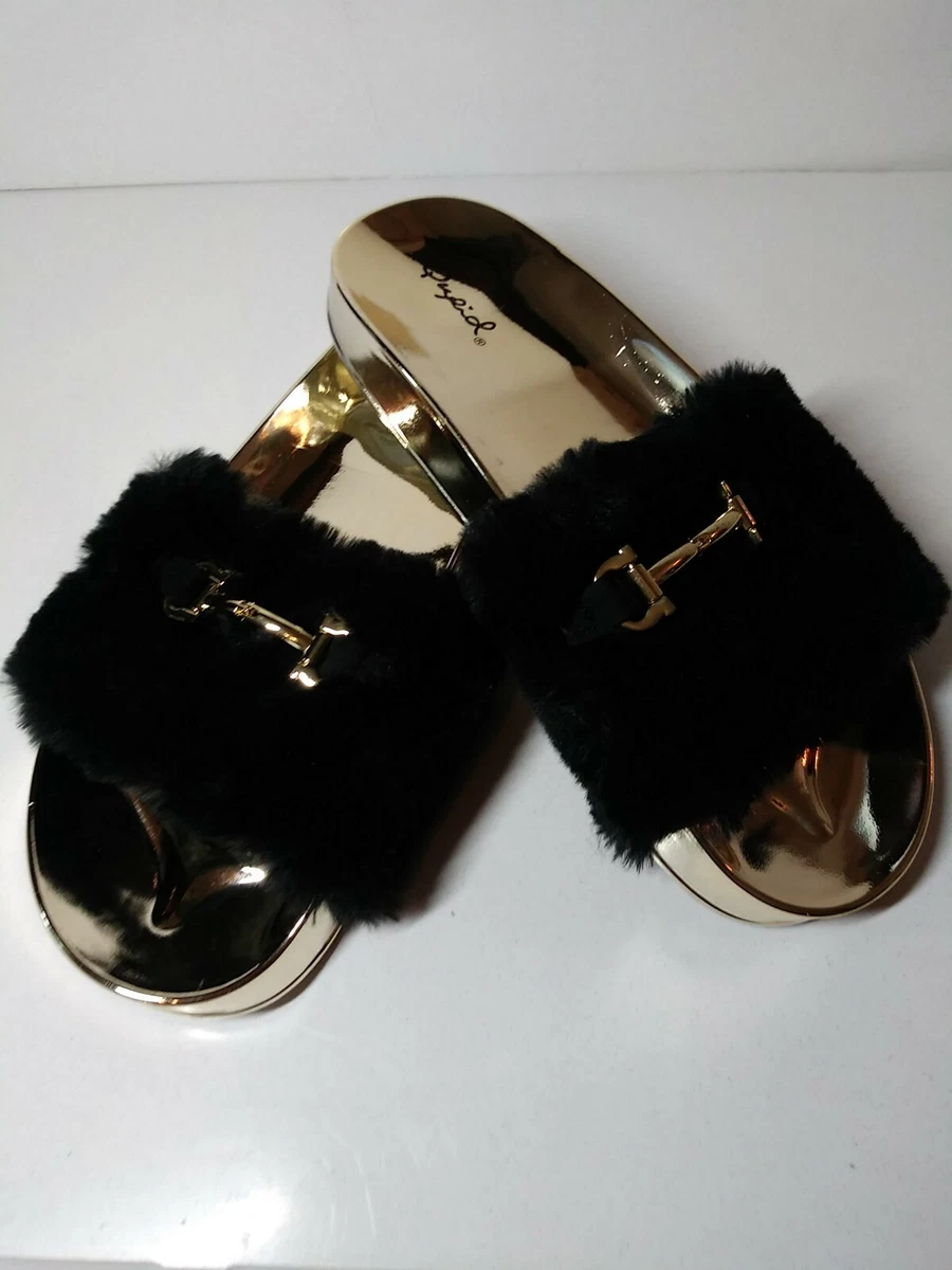 Qupid Womens Sz 6 Gold Black Faux Fur Slip On Sandals Slippers