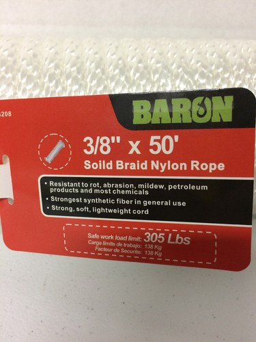 Baron 3/8" X 50' Solid Braid Nylon Rope Rot Abrasion Petroleum Mildew Resistant - Imagen 5 de 8