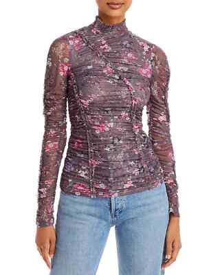 $295 Cinq à Sept X6662 Ellianna Floral Mesh Printed Top, Asphalt Multi , XXS