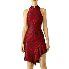 NWT $695 NATORI 14 L Silk Pagoda Embroidered Red Black Cheongsam Cocktail Dress 