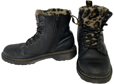 Dr. Martens Leather Boots Girls Sz 3 Black W/Faux Leopard Fur Lining 90 s Y2K