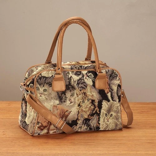 Cat Tapestry Barrel Handbag • Vintage Style • Silvertone Hardware • 11″ Wide