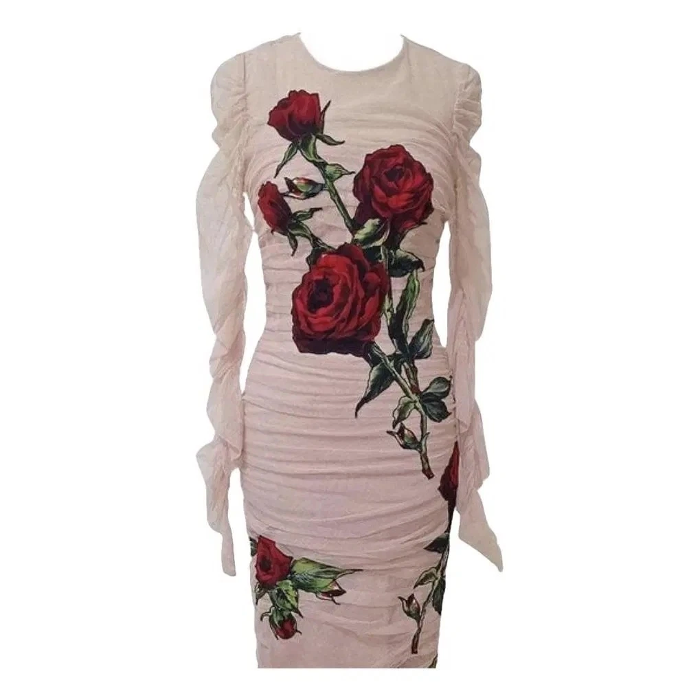 Dolce Gabbana — Dolce&Gabbana Mesh w/Roses Midi Length Dress IT42