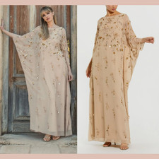 NWT Mac Duggal [ 20 ] 9242 Floral Embellished Kaftan Gown Nude Gold #S2030