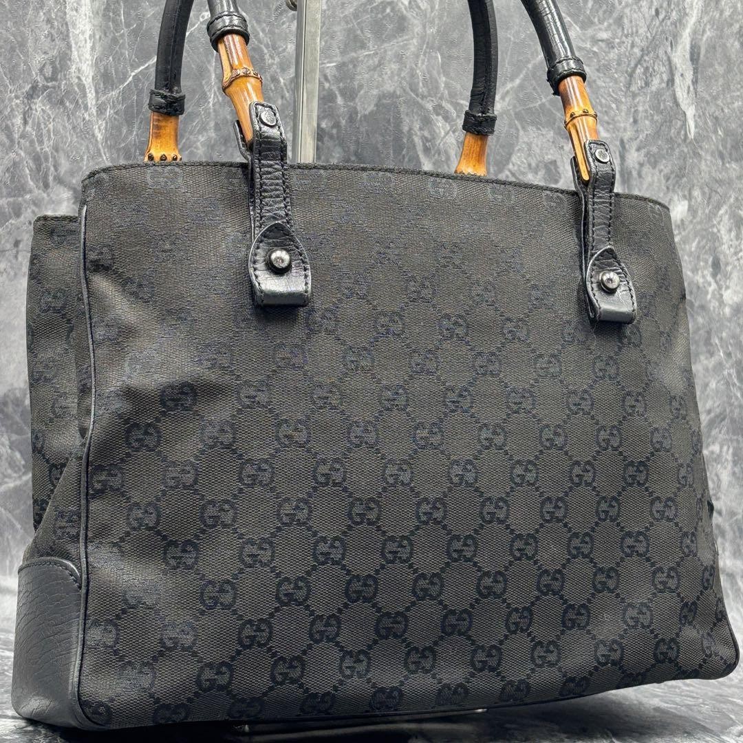Excellent Condition GUCCI GG Canvas Bamboo Tote Bag Black Logo