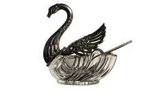 Vintage Swan Salt Cellar Glass Salt Dish Silver Tone Holder & Spoon