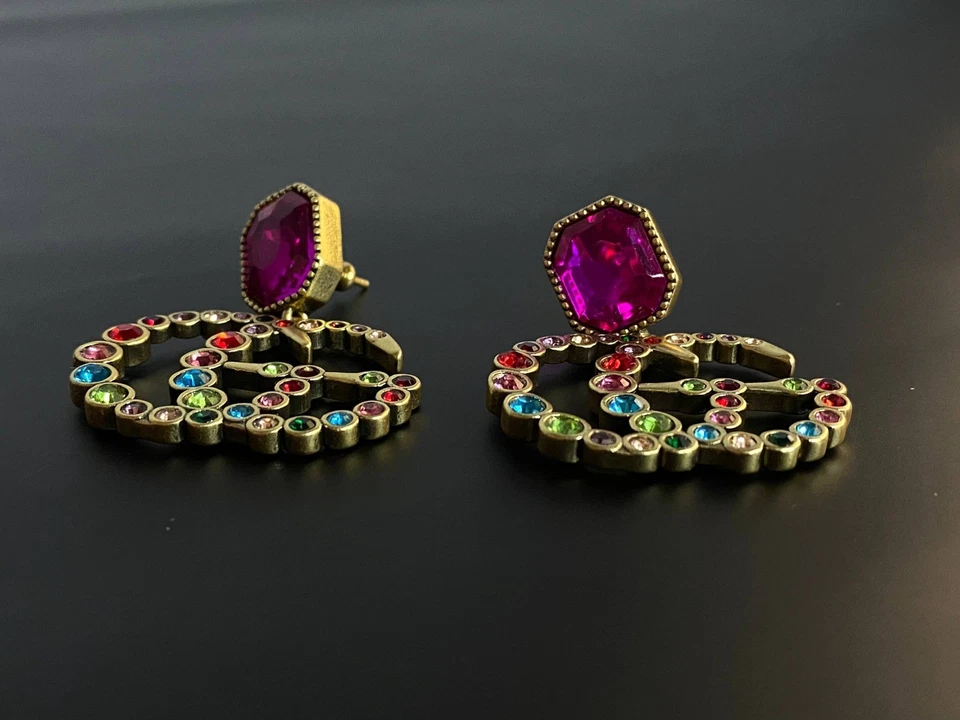 Gucci GG Logo Pink Crystal Multi-Color Gemstone Drop Earrings - Image 4 of 4