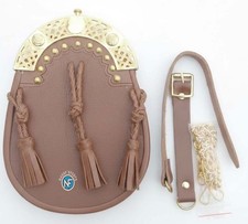 Scottish Handmade Brown Real Leather Kilt Sporran Gold Finish Cantle