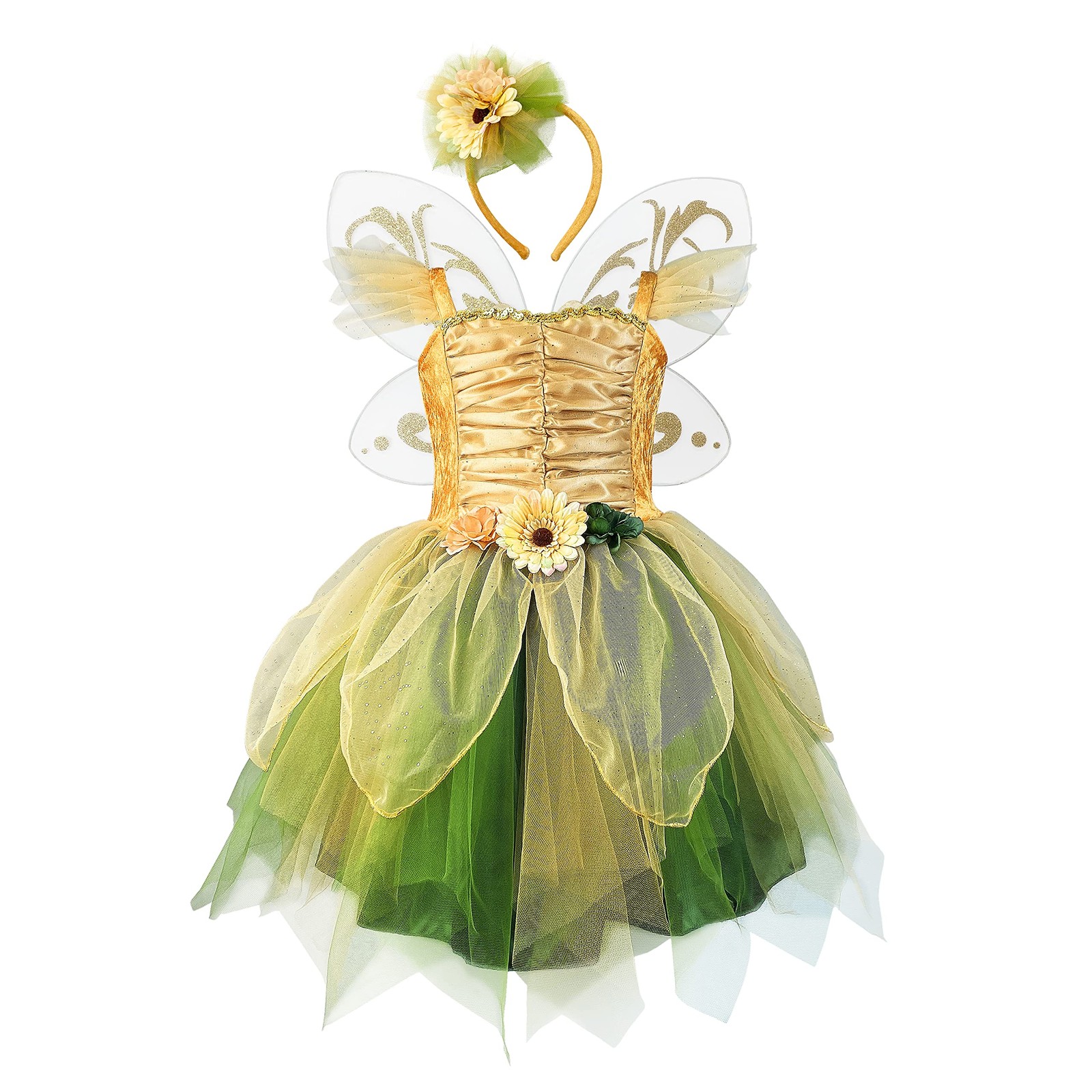 Vestido Disfraz Hada para Niña - Tutú Verde con Diadema y Alas, 5-6 Años