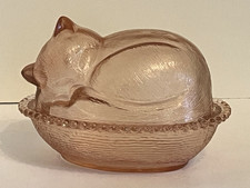 Indiana Glass Pink Sleeping Cat On A Nest Covered Dish