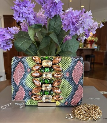 NATASHA multi-colored Jeweled snake skin clutch chain cross body bag purse
