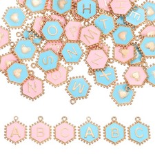 52 Pcs Letter Initial Charm A-Z Hexagon Letter Charm Blue, Pink 