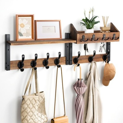 29'' Coat Rack Wall Mount with Shelf, 4 in 1 Wood Entryway Shelf with 11 Metal...