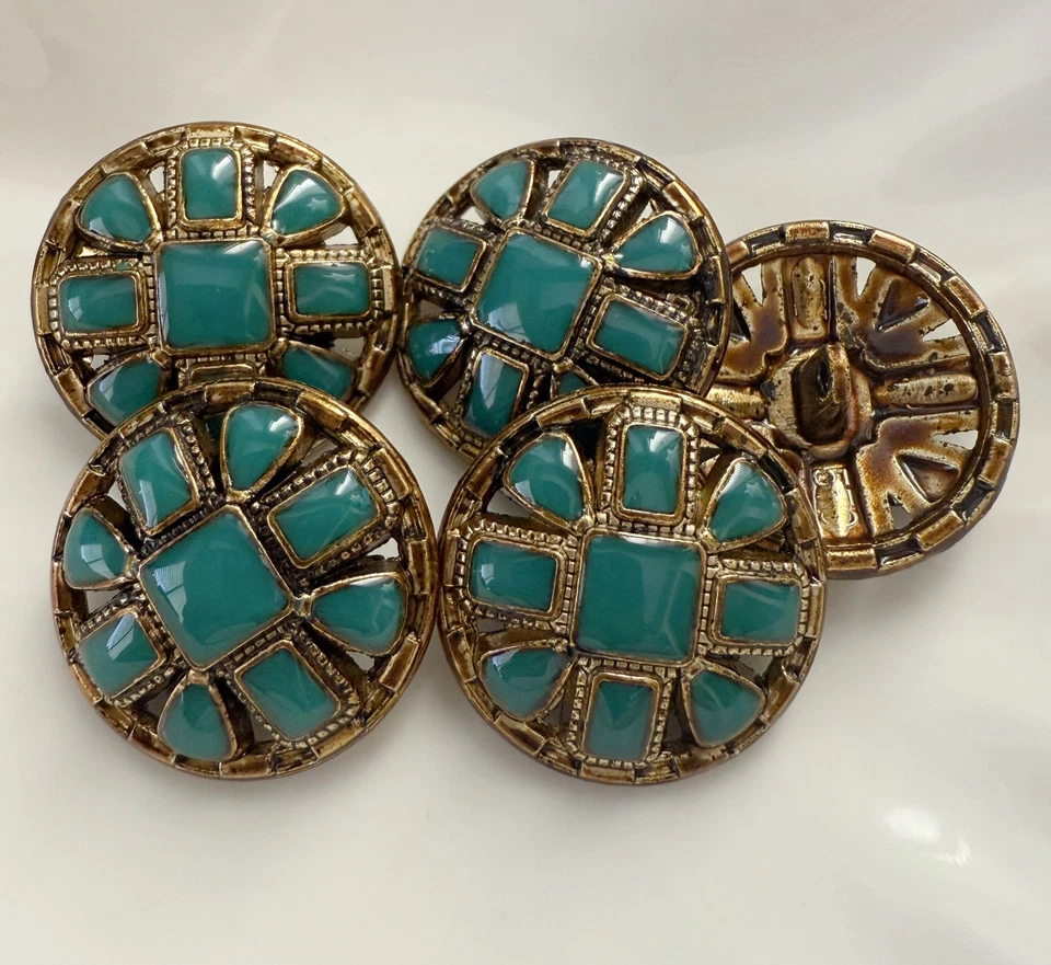 5PC Antiqued Bronze Teal Blue Decorative Shank Metal Button 25mm 1 Inches - Image 4 of 4