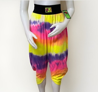 Vtg Tie Dye Crop Pants Womens L Rainbow Cotton Knit Elastic Waist Inca Sunwear