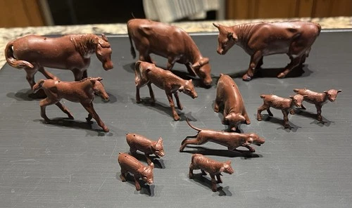 Vintage MARX farm playset brown animals-Cows-Horses-pigs-sheep-dog