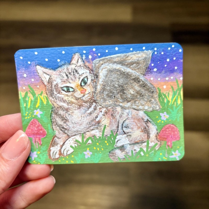 ACEO Original Painting Fantasy Glitter Cat Roses Sunset Glitter by ReverieBeasts