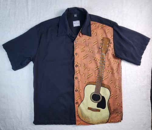 David Carey Shirt Mens 2XL Black Guitar Music Notes Camp Button Up Short Sleeve