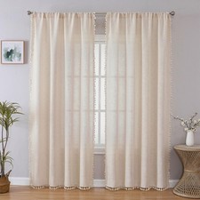 Joydeco Linen Boho Curtains 63" L, 2 Panels, Soft Bohemian Farmhouse Style