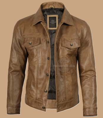 Men s Vintage Brown Genuine Leather Trucker Jacket - Jeans Style Leather Jacket