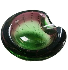 Vintage Murano Green Amethyst Bullicante Bubbles Glass Bowl Cigar Ashtray 1960’s