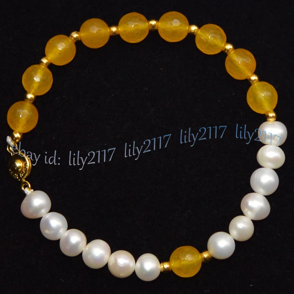 Pulseras de cuentas redondas facetadas de perlas barrocas blancas naturales de 7-8 mm de 7,5"" Foto 4 de 4