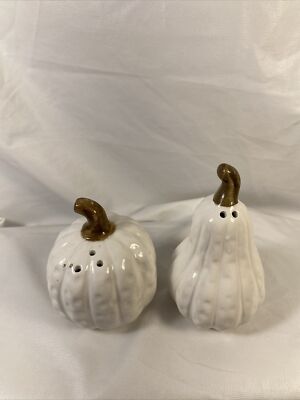Ceramic WHITE Pumpkin & Gourd SALT & PEPPER SHAKERS Brown Stem FALL TABLE DECOR