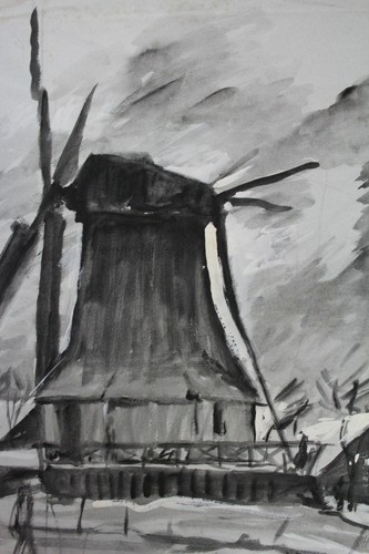 Drawing Charcoal Watercolor Windmill Bernhard Huys Worpswede Signed - Picture 2 of 7