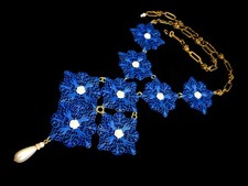 Massive Bib Necklace Blue Filigree White Roses Victorian Revival Statement Piece