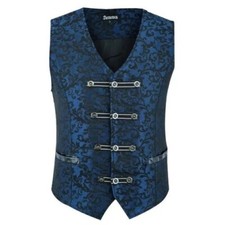 Premium Mens Vest Waistcoat Blue Damask Velvet Goth Steampunk Vtg Brocade Vest