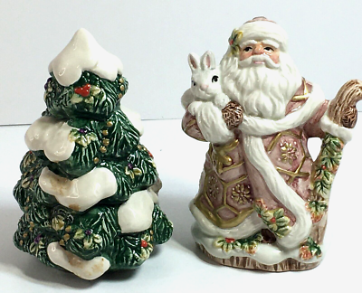 Fitz and Floyd Snowy Woods Salt and Pepper Santa and Tree with