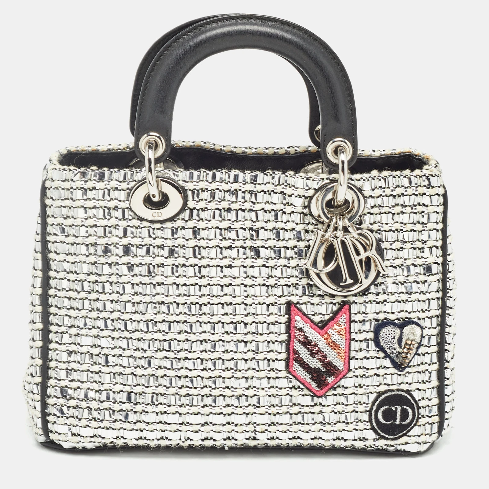 Petit fourre tout patch Dior noir/argent tweed et cuir