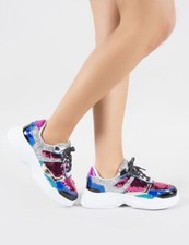 WOMENS MIX SEQUIN SPARKLY TRAINERS LACE UP FASHION SPORTS SNEAKERS PUMPS SHOES