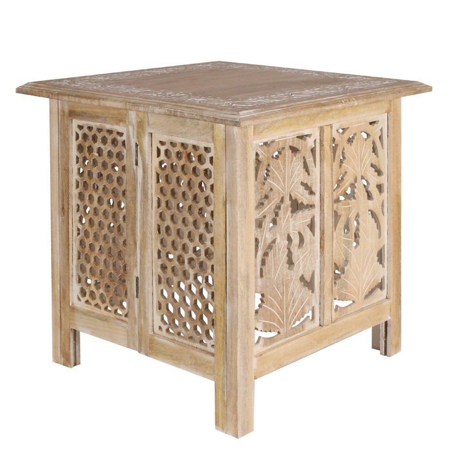 Antique Effect Square Carved Wooden Bedside Lamp Table Side End Coffee