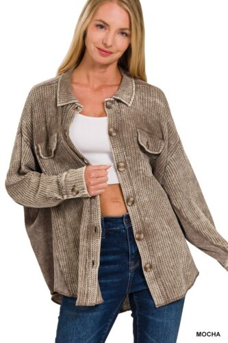 Zenana Women's Acid Wash Oversized Cotton Waffle Shacket