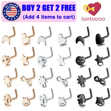 8-16PCS Nose Rings Studs L-Shape Nostrial Piercing Body Jewerly Nostril Pin 20G
