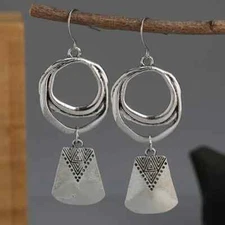 Vintage Geometric Silvery Hollow Circle Design Dangle Earrings Retro Bohemian