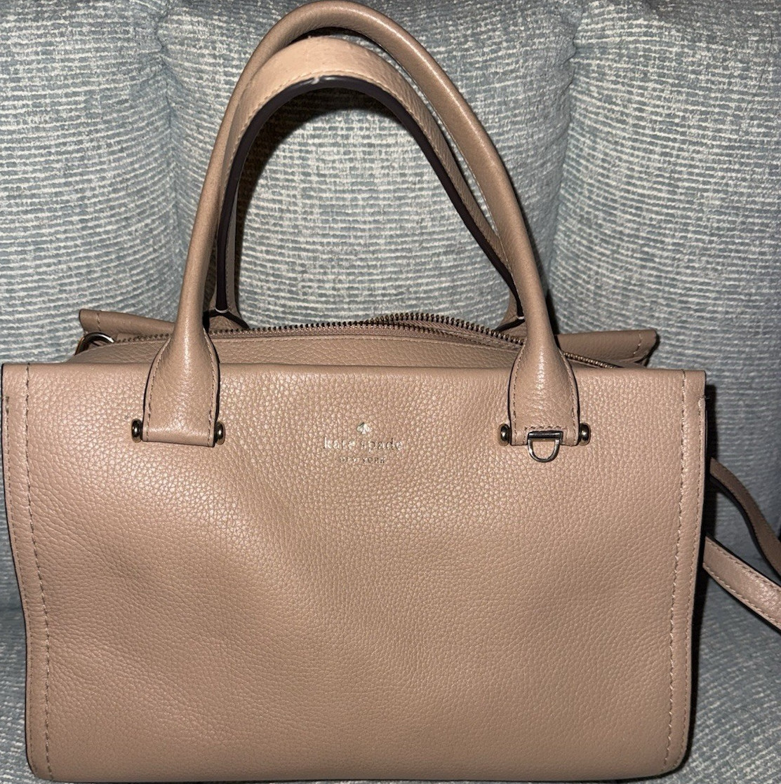 Kate Spade New York Beige Pebbled Satchel Top Handle Detachable Strap Gold