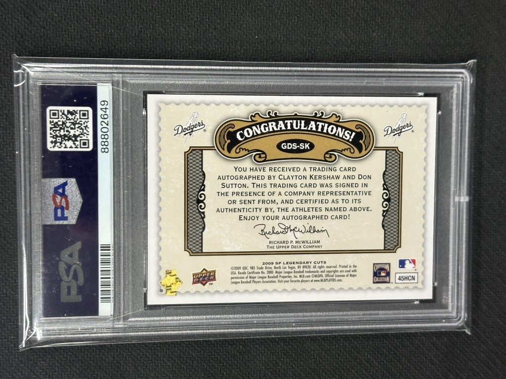 Clayton Kershaw Don Sutton 2009 SP Legendary Cuts Dual Sig Auto PSA 9 #GDSSK /25 view 2