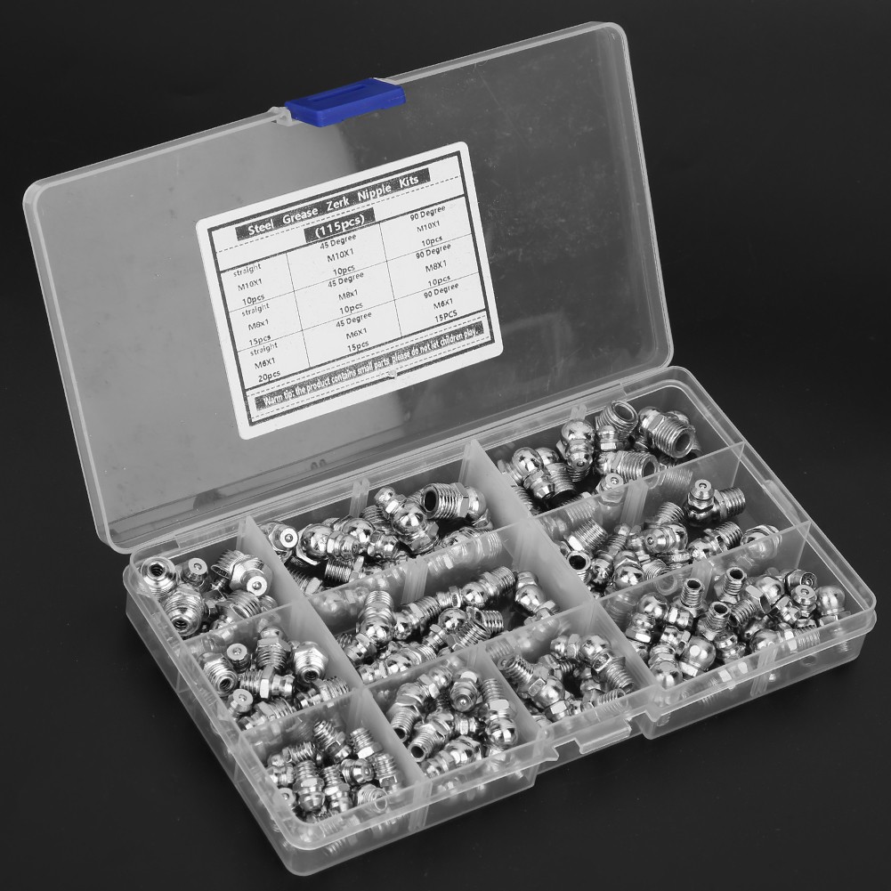 115Pcs Steel Grease Zerk Nipple Fitting AntiCorrosion AntiRust M6X1 M8X1 M10 SG