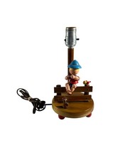 Vintage Whimsical Nursery Lamp Boy Playing Flute Dog Bird Painted Wood Works