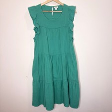 J.Crew Cotton Gauze Tiered Dress Women's 10 Green Ruffle Sleeve Beachy Summer