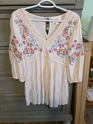 Audrey Parks Francesca s Women s Ivory Embroidered Crochet V-Neck Tunic Floral S